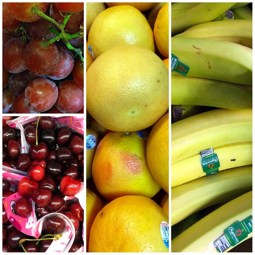 collage of fresh fruits, red grapes, cherries, grapefruit, bananas