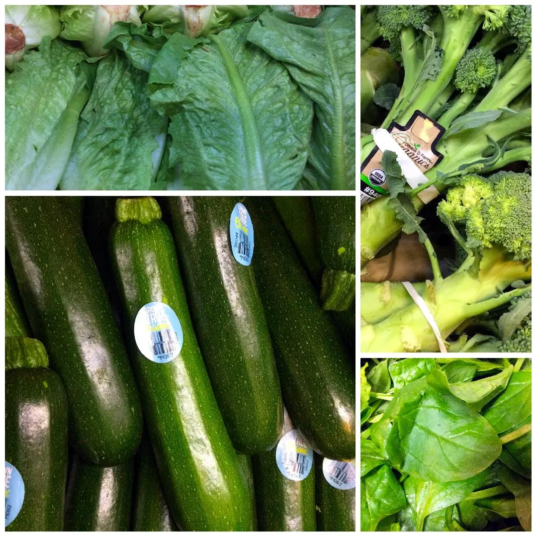 collage of fresh vegetables, romaine lettuce, broccoli crowns, zucchini squash, spinach