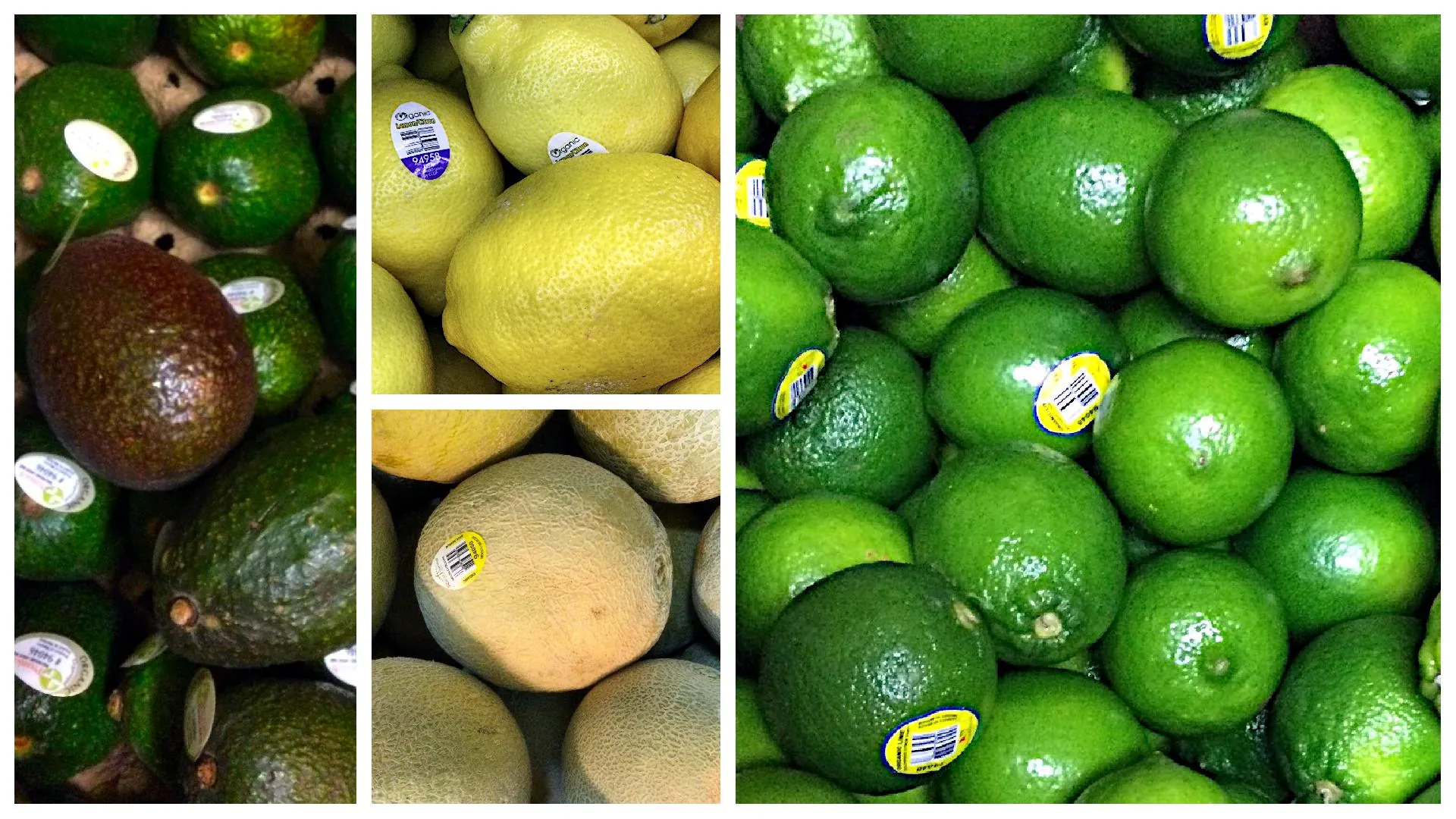 collage of fresh fruits, avocados, lemmons, cantaloupe, limes