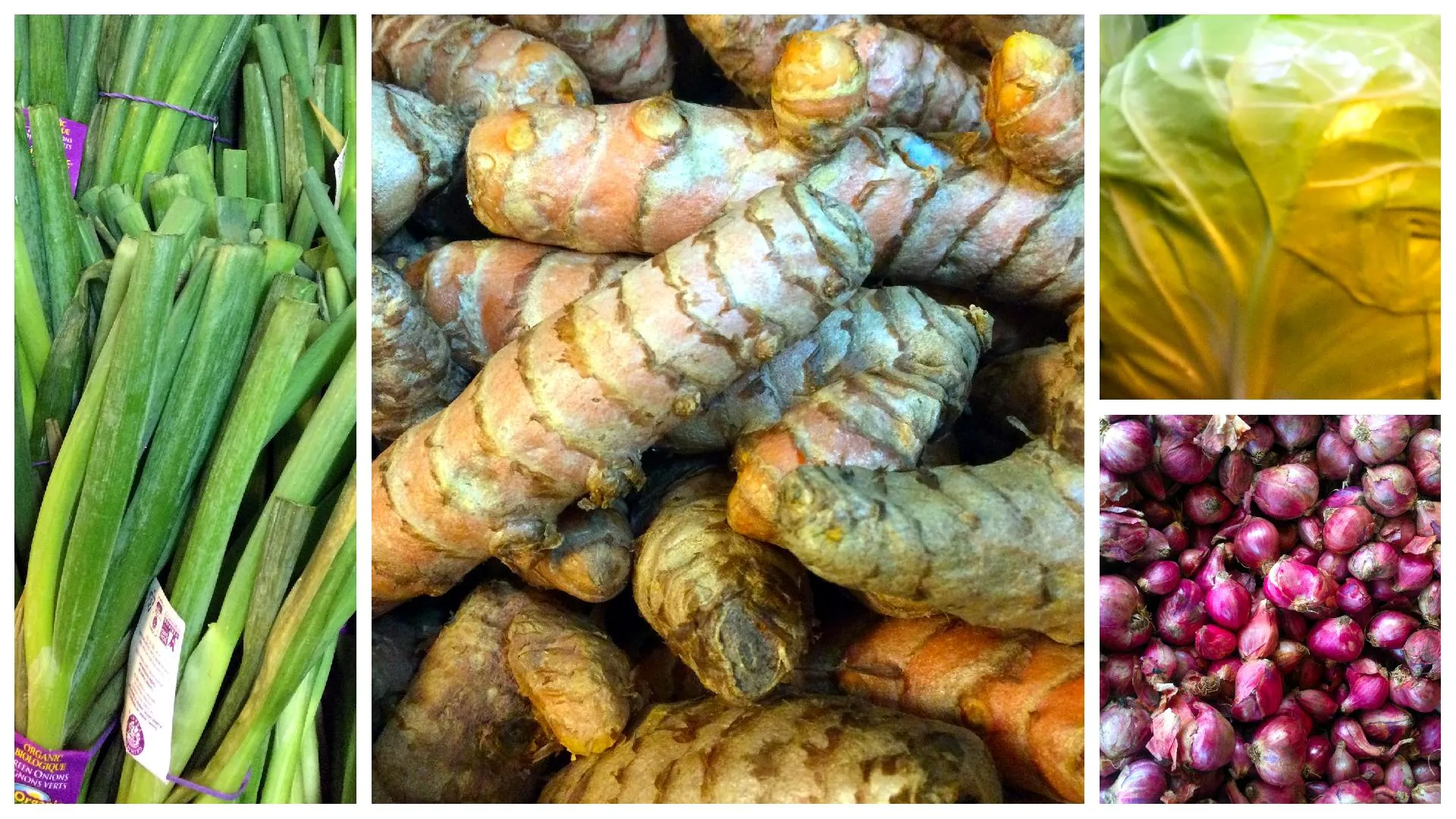 Collage of fresh vegetables, green onions, ginger, green cabbage, shallots