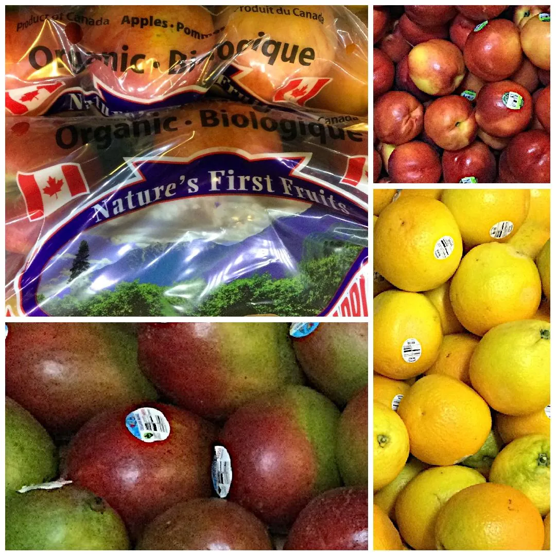 Collage of fresh fruits, BC Apples, BC Nectarines, Mangos, Valencia Oranges