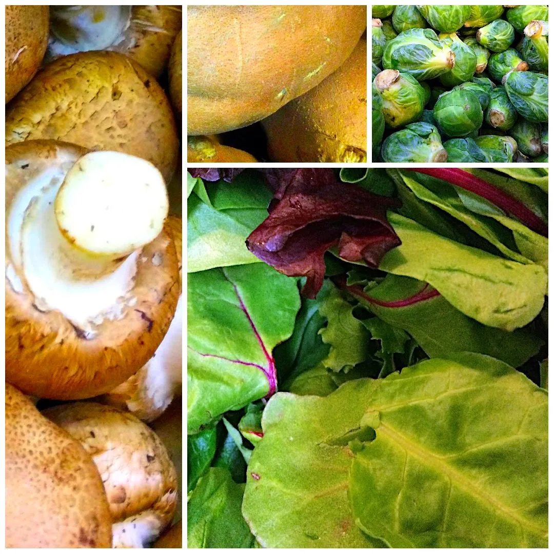 Collage of fresh vegetables, Crimini Mushrooms, Jewel Yams, Brussel Sprouts, Bulk Lettuce Spring Mix