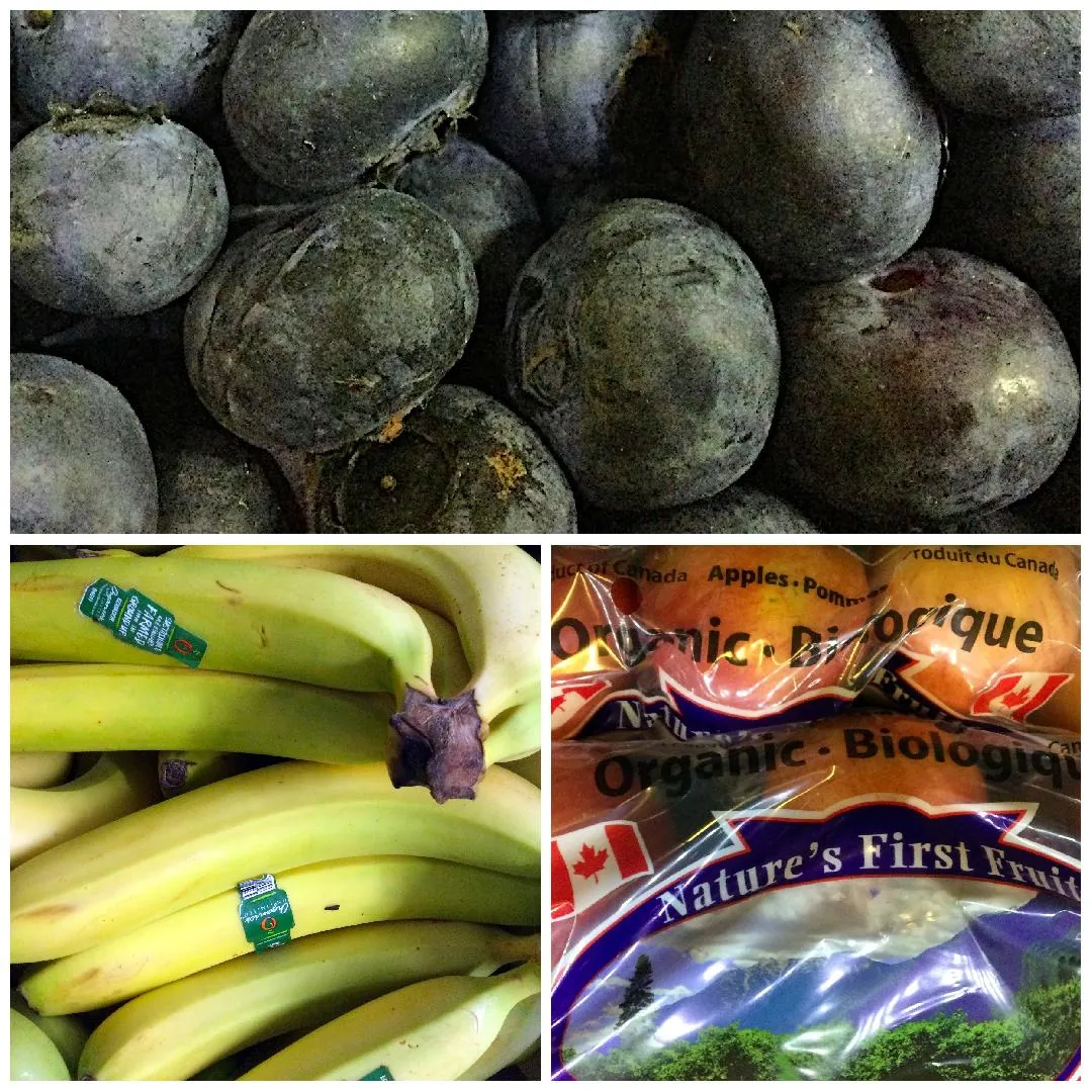 Collage of fresh fruits, Blueberries, Fair Trade Bananas, BC Gala Apples