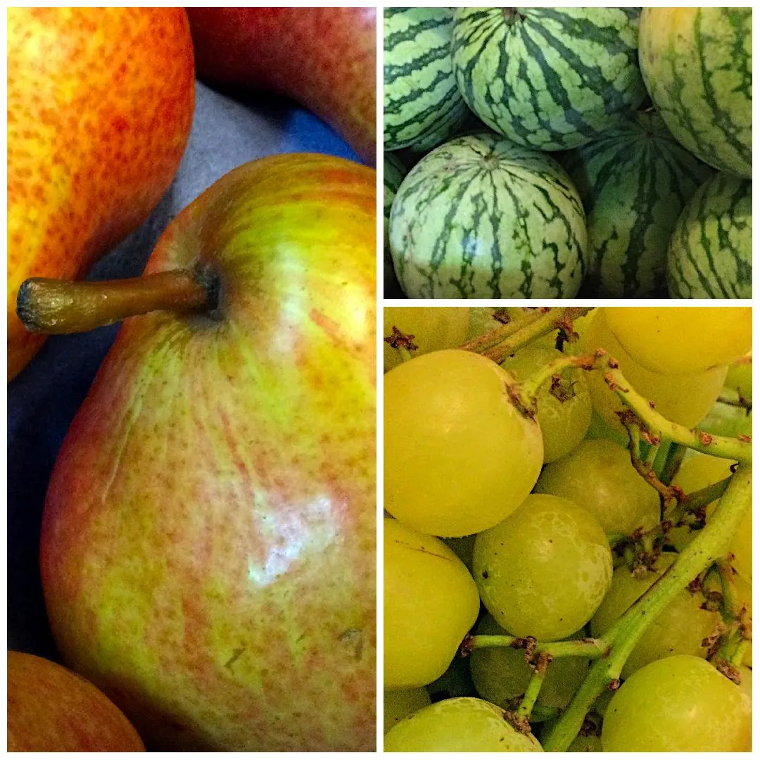 Collage of fresh fruits, BC Bartlett Pears, Mini Watermelons, Green Grapes