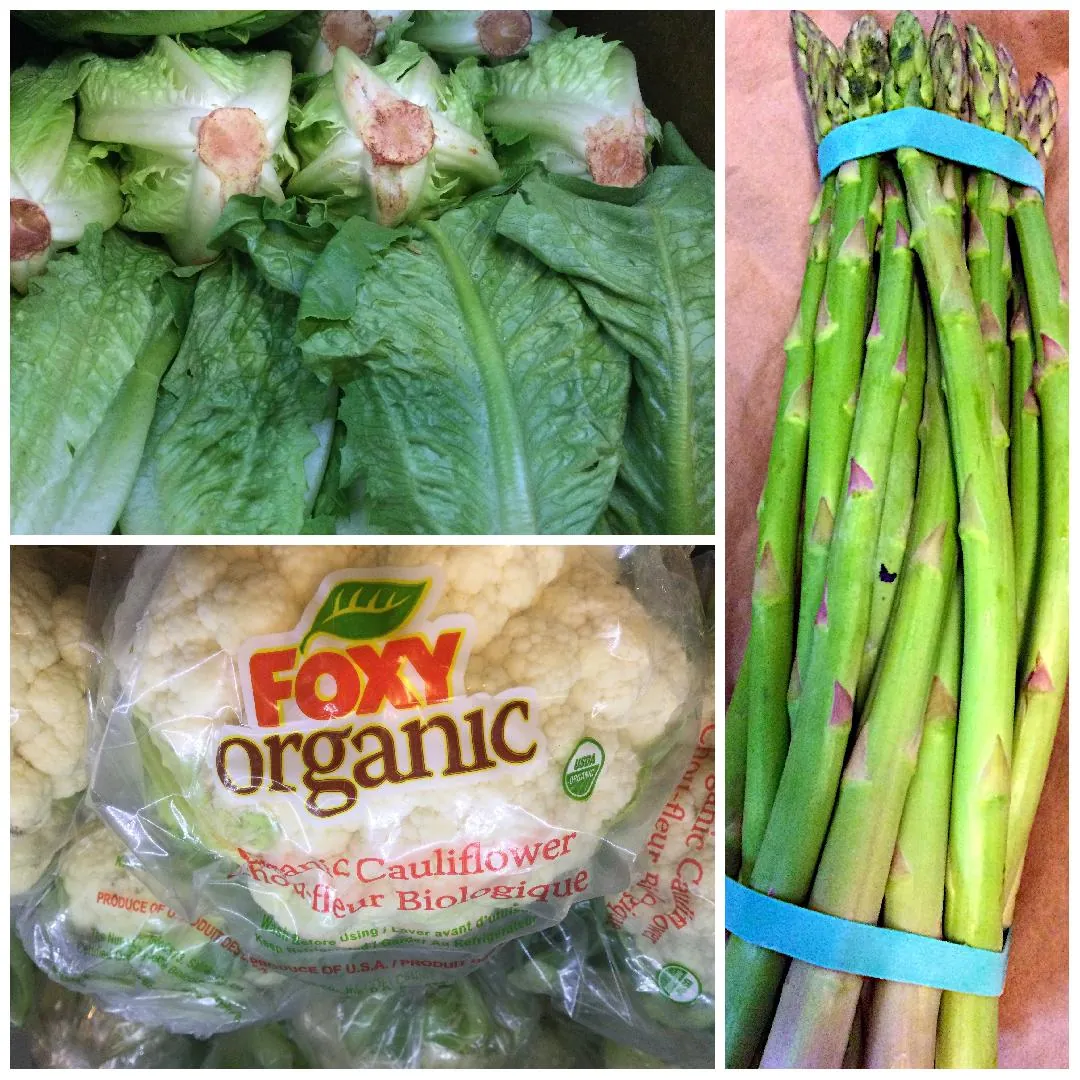 Collage of fresh vegetables, Romaine Lettuce Heads, Cauliflower, Asparagus