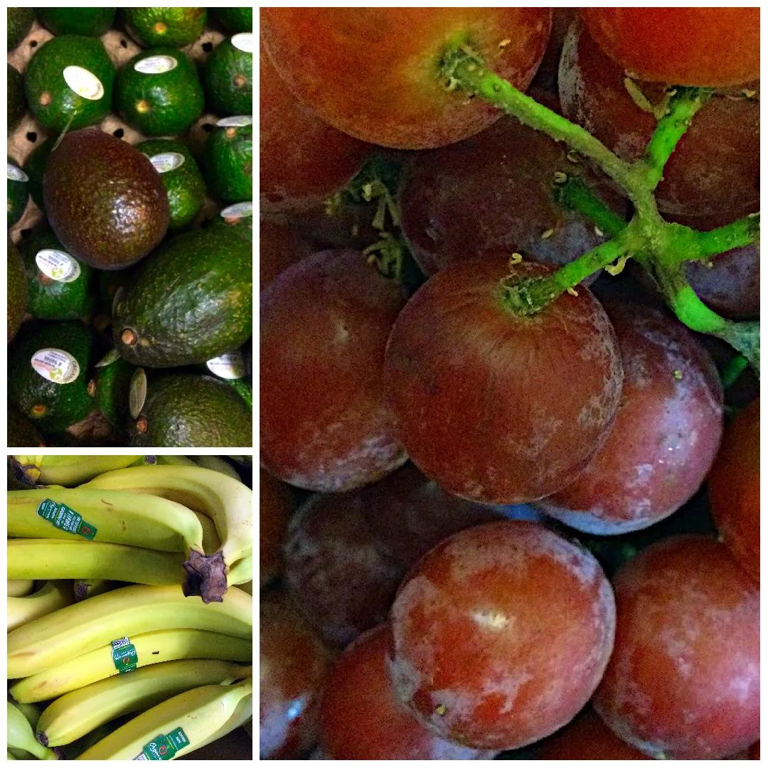 Collage of fresh fruits, Avocados, Bananas, Red Grapes