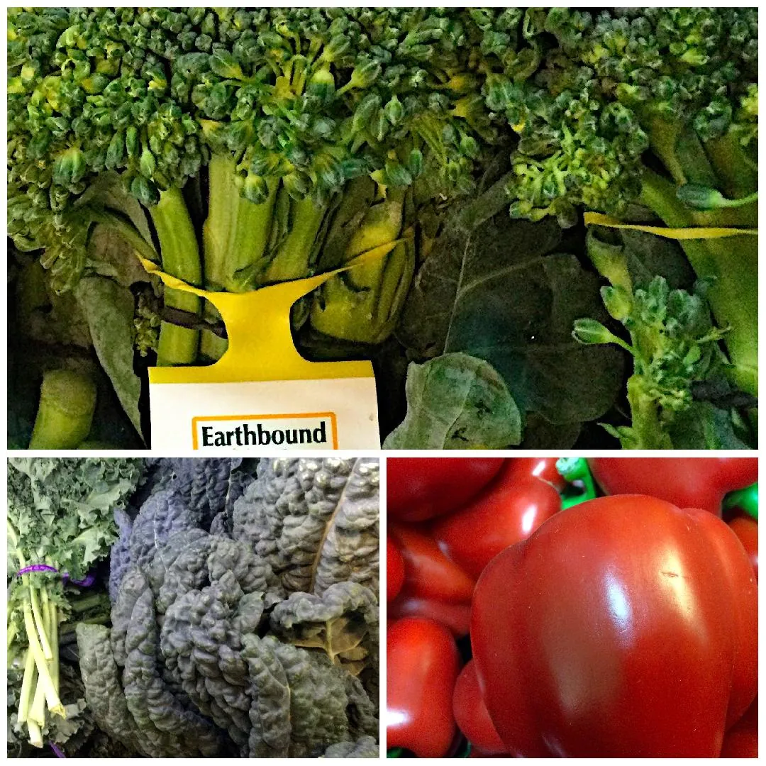 Collage of fresh vegetables, Broccolettes, Black/Green Kale, Red Bell Peppers