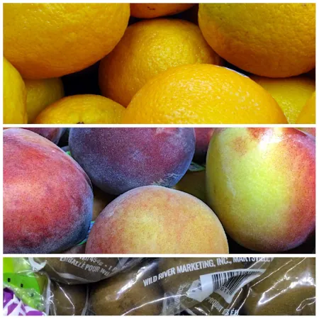 Collage of fresh fruits, Valencia Oranges, BC Peaches, Bagged Kiwi