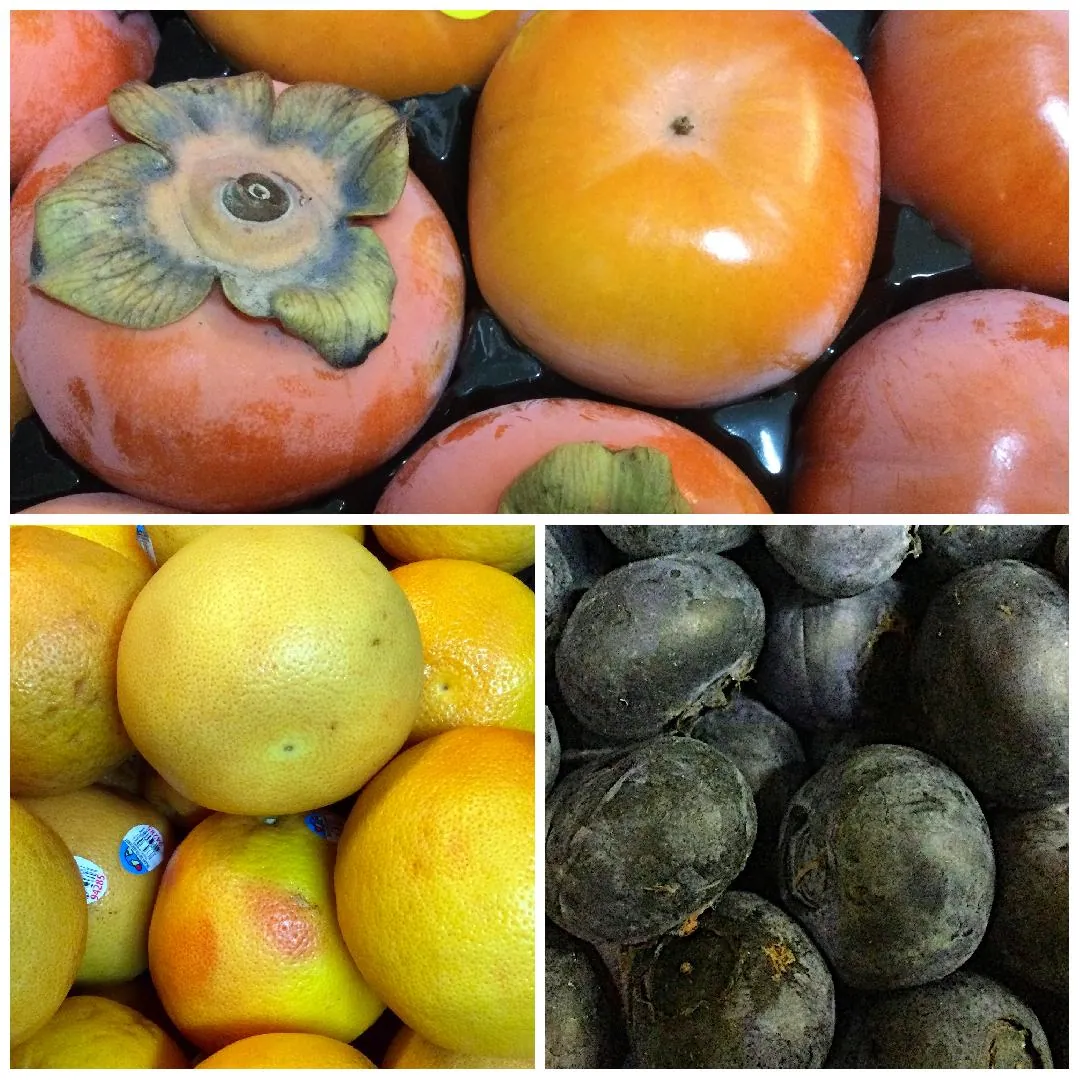 Collage of fresh fruits, Persimmons, Grapefruit Star Ruby, Blueberries