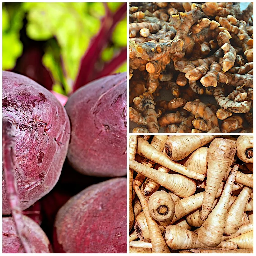 Collage of fresh vegetables, Beets, Turmeric, Parsnips