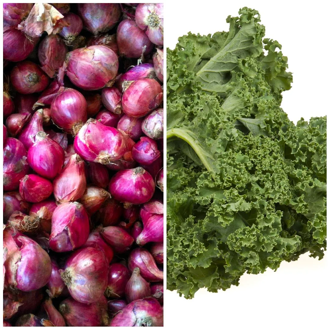 Collage of fresh vegetables, shallots and green kale