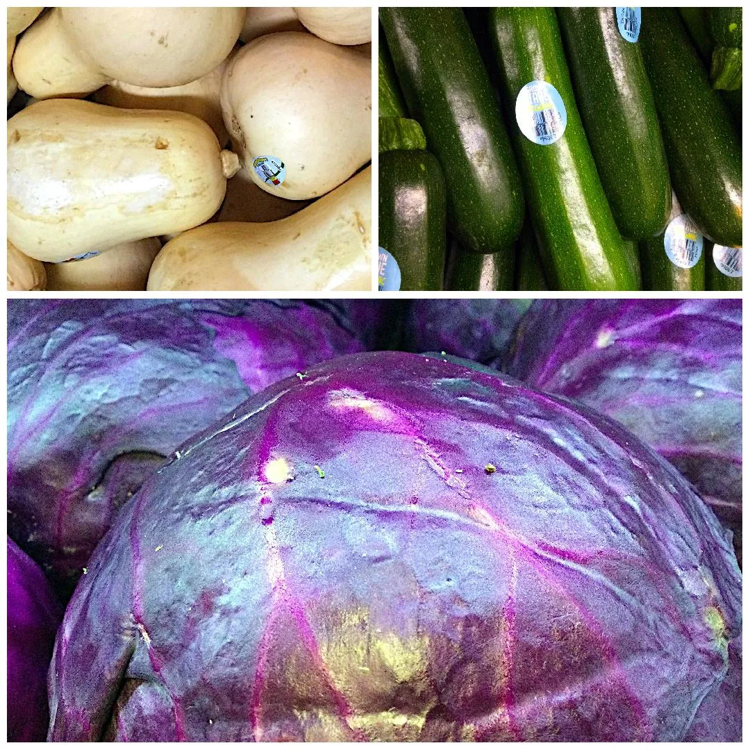 Collage of fresh vegetables, Butternut Squash, Zucchini Squash and Purple Cabbage