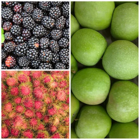 Collage of fresh Blackberries, Granny Smith Apples and Rambutan