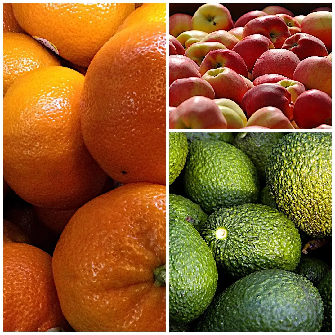 Collage of fresh fruits, Chinese Mandarins, Ambrosia Apples BC, Avocados