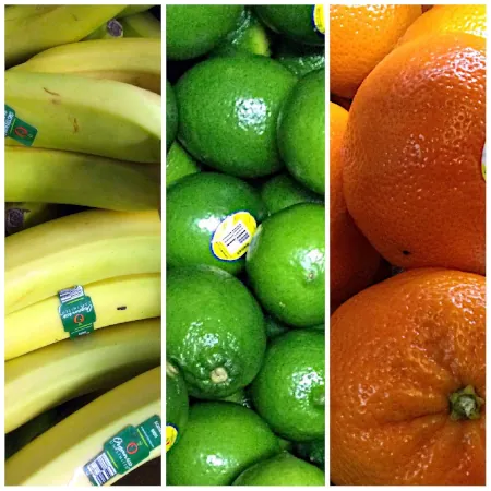 Collage of fresh fruits, Bananas, Limes, and Satsuma Mandarins.