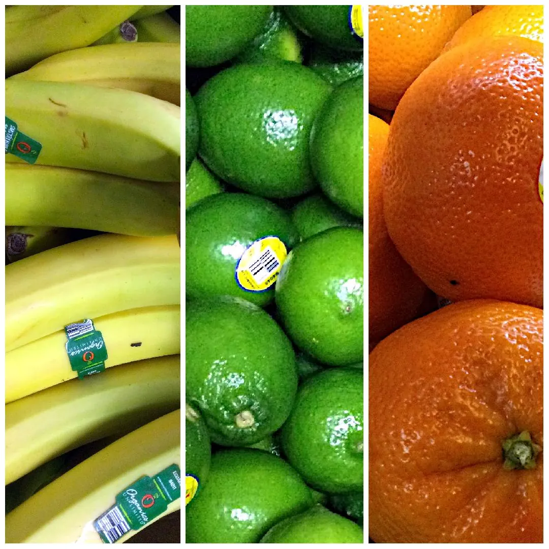 Collage of fresh fruits, Bananas, Limes, and Satsuma Mandarins.