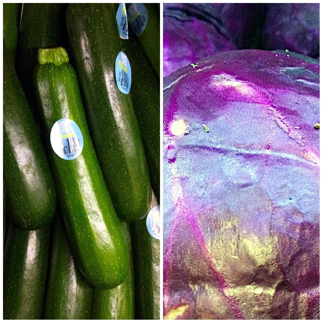 Collage of fresh vegetables, Zucchini, and Red Cabbage.