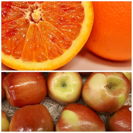 Collage of fresh fruits, Blood Oranges, and Ambrosia Apples.