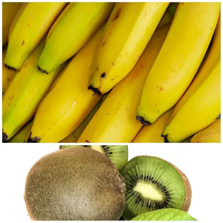 Collage of fresh fruits, Bananas, and Kiwis.