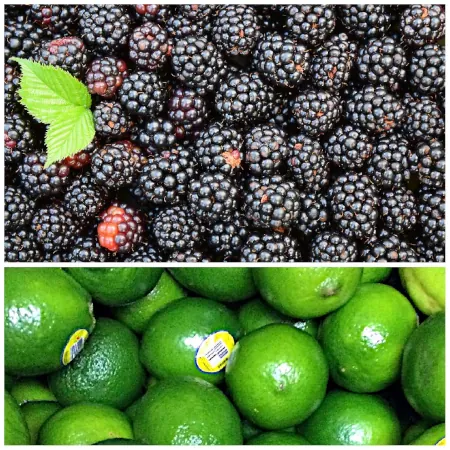 Collage of fresh fruits, Black Berries, and Limes.