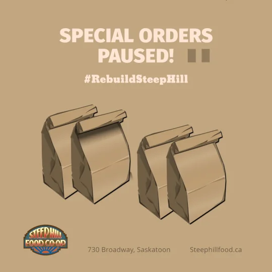 Four brown paper bags lined up with a title above of, Special Orders Paused!