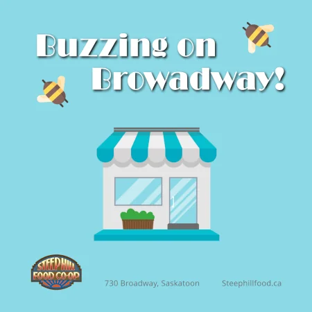 Cartoon style bees enclose text of Buzzing on Broadway! with a small old style store illustration below.
