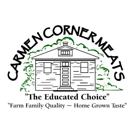 Carmen Corner Meats logo with the slogan, The Educated Choice, Farm Family Quality - Home Grown Taste