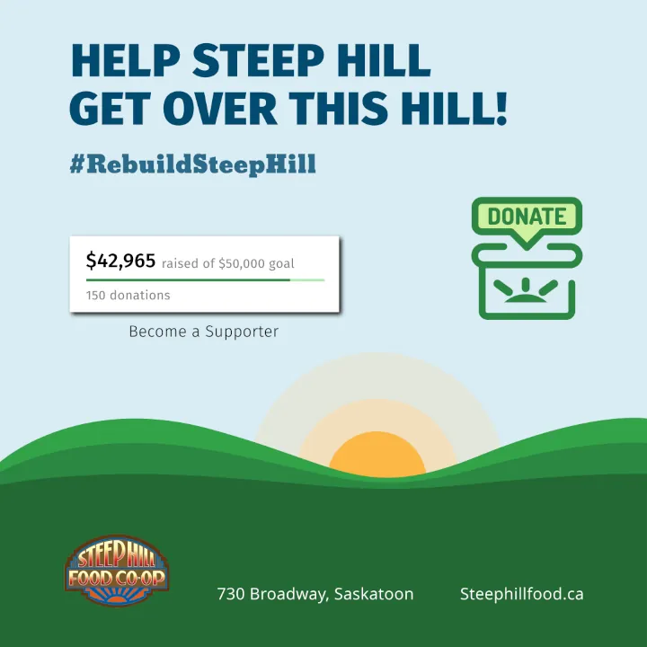 Light blue sky with rich green grasslands of a sun coming up in between the hills with the message that reads, Help Steep Hill Get Over This Hill! #RebuildSteepHill and displaying total funds raised out of $50,000 goal.