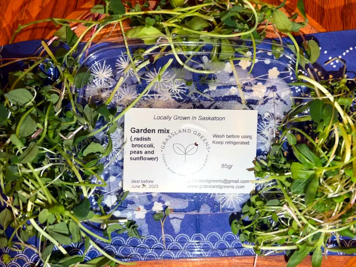Micro-greens spread out around a lid of Grassland Greens Garden mix (radish, broccoli, peas and sunflower.).
