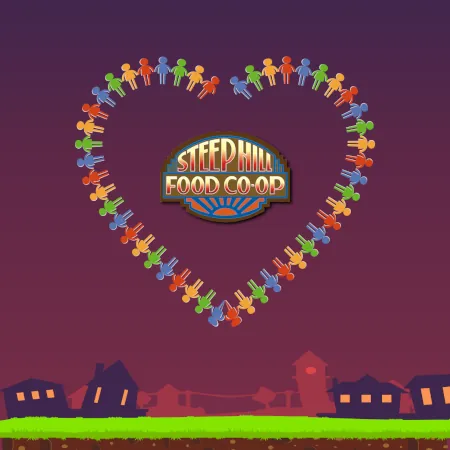 In the horizon sits various shapes of houses surrounded by green grass with a heart in the sky shaped out of people connected by hands with the Steep Hill logo within the middle of the heart.