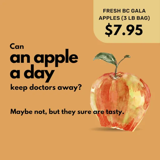 Illustrated apple with text saying, Can an apple a day keep the doctor away? Maybe not, but they sure are tasty.