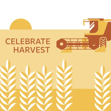 A perspective view behind tall standing wheat growing in a field. Beyond the wheat is a combine harvester cutting the crop against a sunset. In front of the harvester is bold text that reads, 'Celebrate Harvest'.