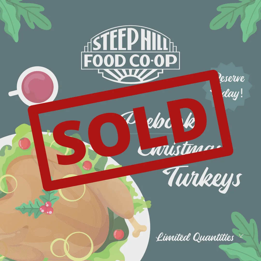 Illustration of a turkey on a platter with a Christmas drink on a dark green background with litter green leaves with a red stamp words overtop that says, sold