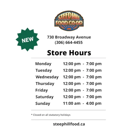A sign listing the closing store hours with a Steep Hill logo.
