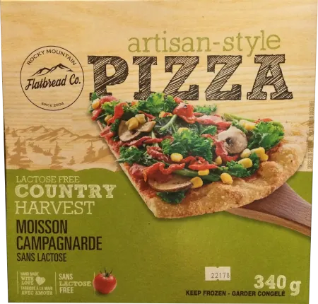 A box of Lactose Free Country Harvest Artisan-style Pizza by Rocky Mountain Flatbread Co.