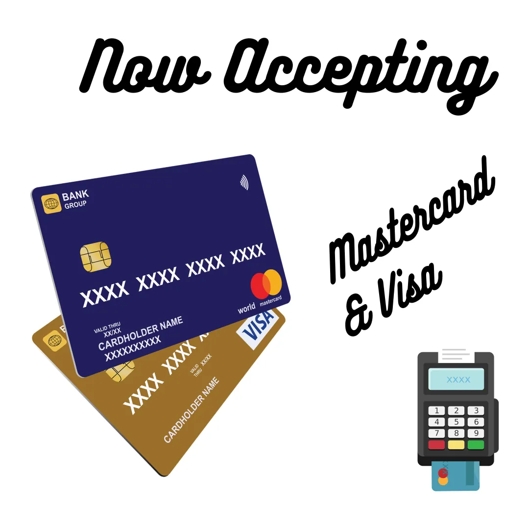 Illustration of two credit cards spanned out announcing accepting Matercard and Visa with payment terminal