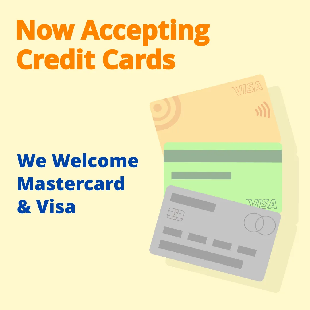 Illustration of three credit cards spanned out announcing accepting Matercard and Visa.