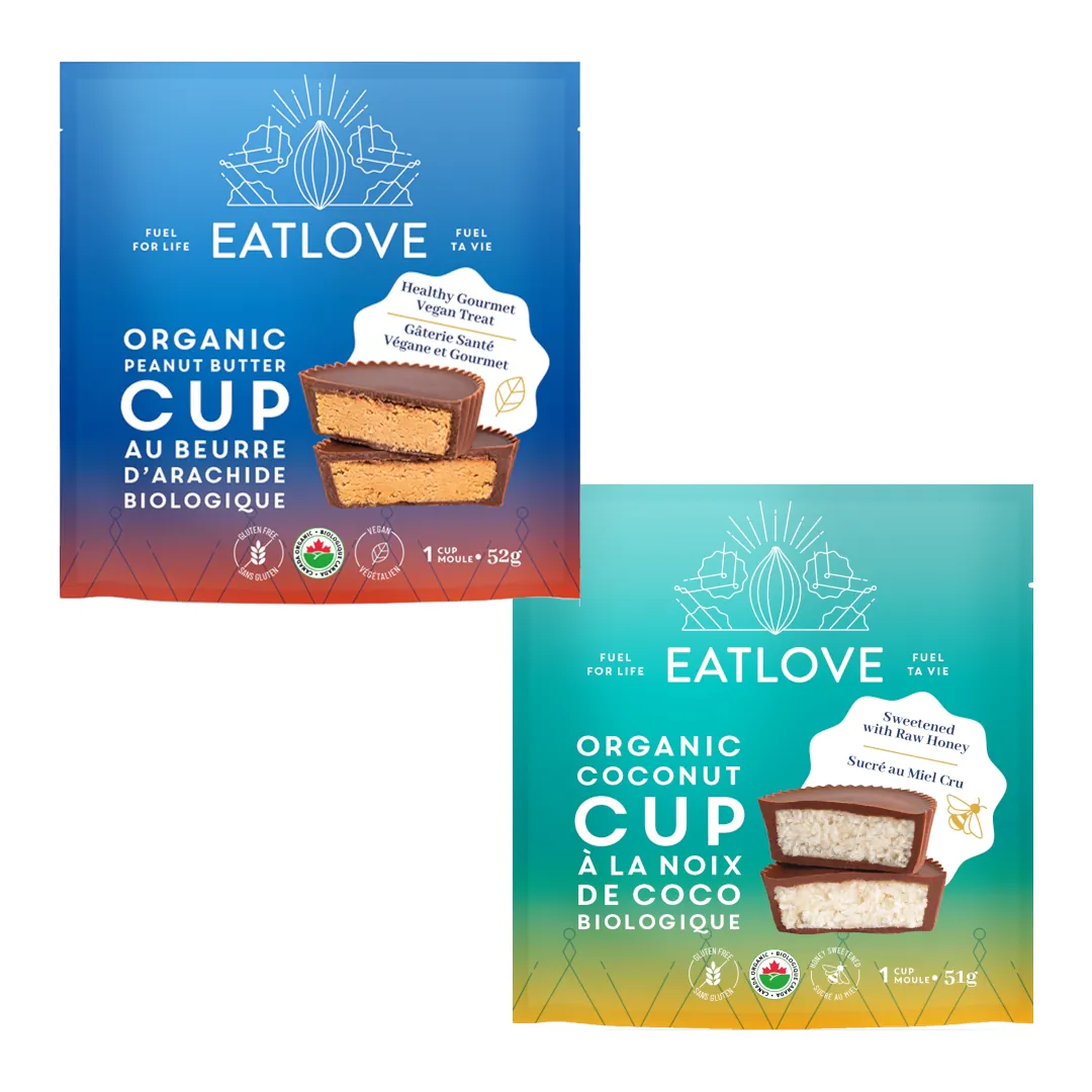 EATLOVE chocolate cups bags, one bag is peanut butter and the other bag is coconut