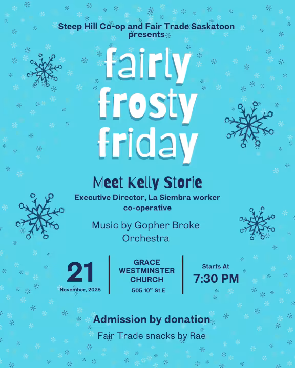 A poster advertising Fairly Frosty Friday event details against a snowflake covered background.