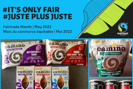 Fairtrade Month banner with a collage of Fairtrade Camino products