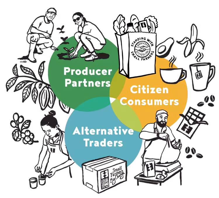 A Venn diagram with three circles representing producer partners (green), citizen consumers (yellow) and alternative traders (cyan). Around the diagram is illustrations of each group actively working.
