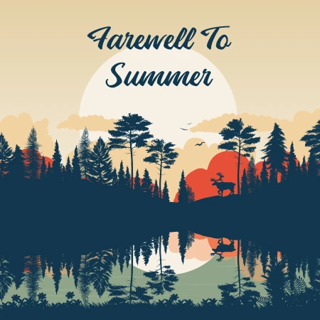 A silhouette of a forest scene overlooking a lake against the sunset with fall colours illuminating the backdrop. A cursive title stands over top that says, 'Farewell to Summer'.