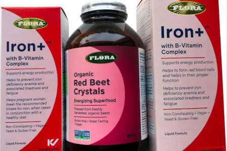 Flora products, Iron+ in a box and a bottle of Organic Red Beet Crystals