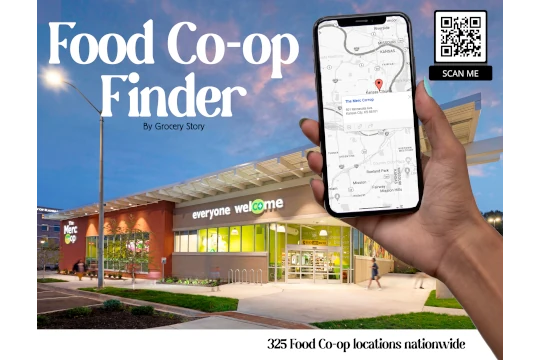 Grocery store in the background illustrating using the mobile app on a phone