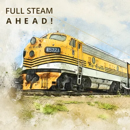 A watercolor painting of a yellow train pulling cars down a railway track, full steam ahead!