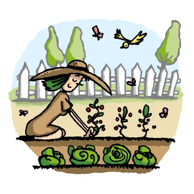 A cartoon illustration of woman wearing a sun hat while kneeling down in a dirt garden plating produce. In the background a yellow bird and bugs are flying around in front of a white picket fence surrounded by green grass and trees. 