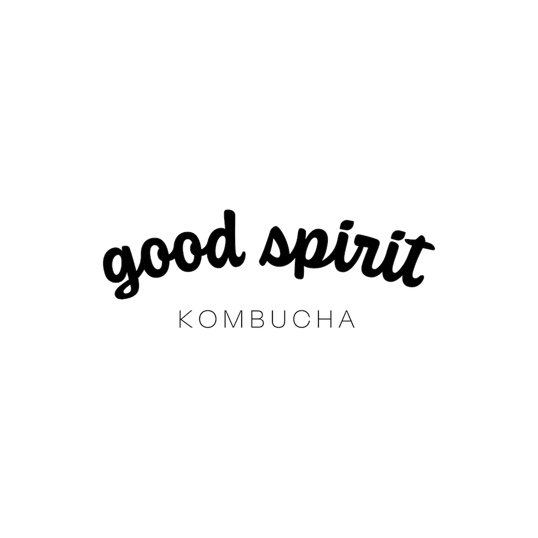 White background with black cursive text, Good Spirit Kombucha