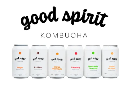 Cans lined up side by side of Good Spirit Kombucha flavours