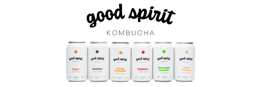 Cans lined up side by side of Good Spirit Kombucha flavours