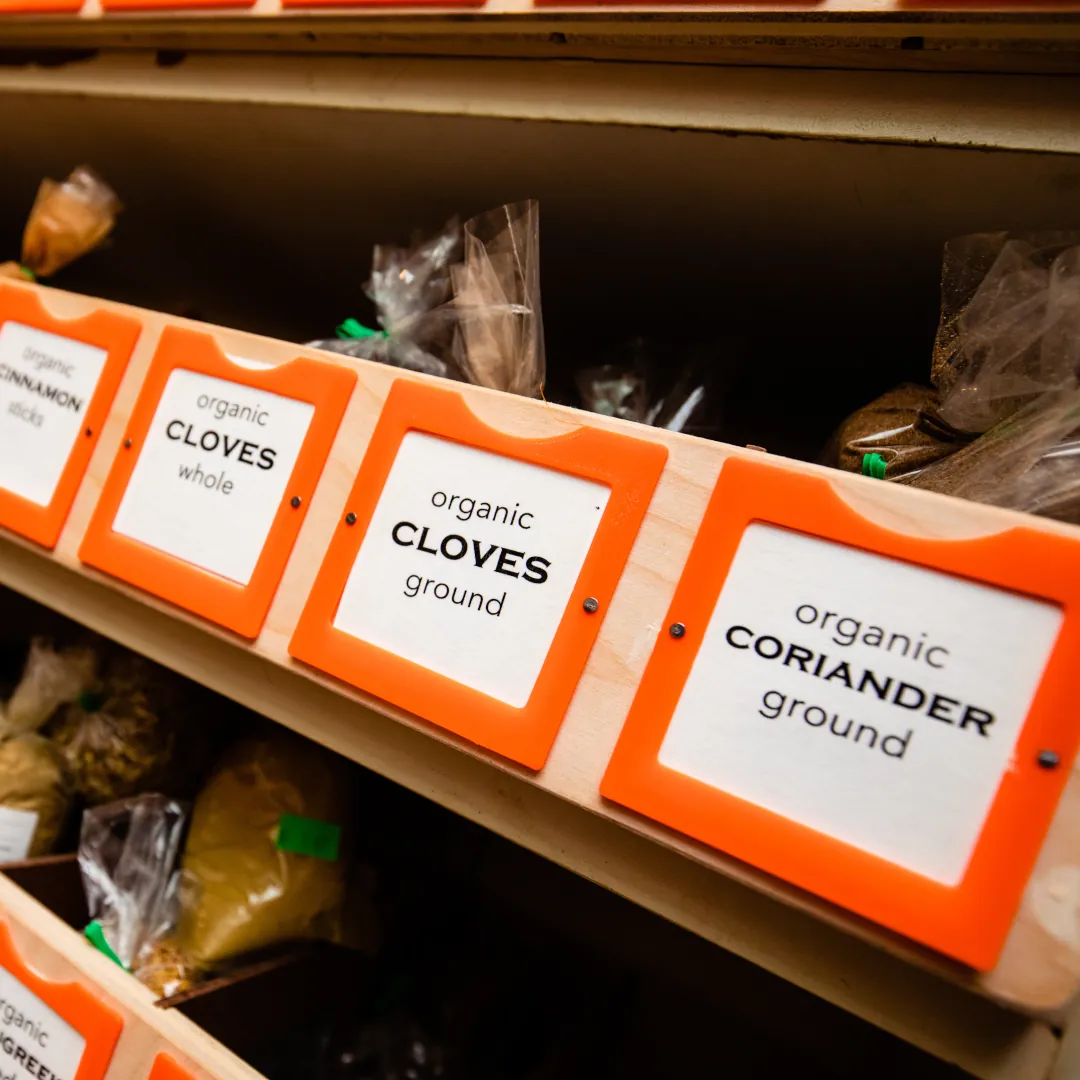 Close up of bins with herbs and spices